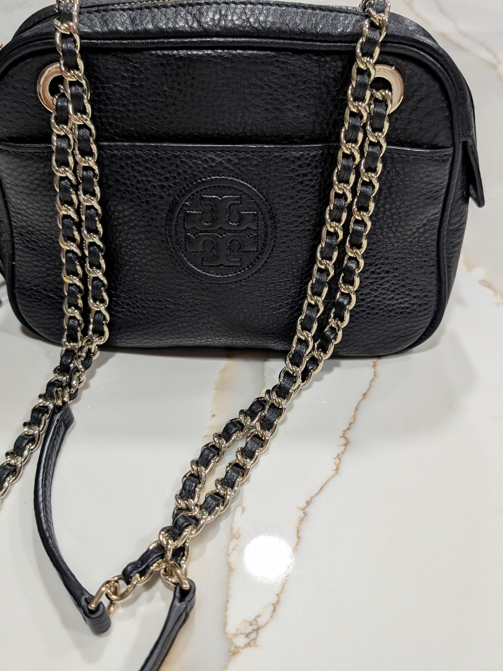 Tory Burch Black Pebbled Leather Crossbody with Gold Chain